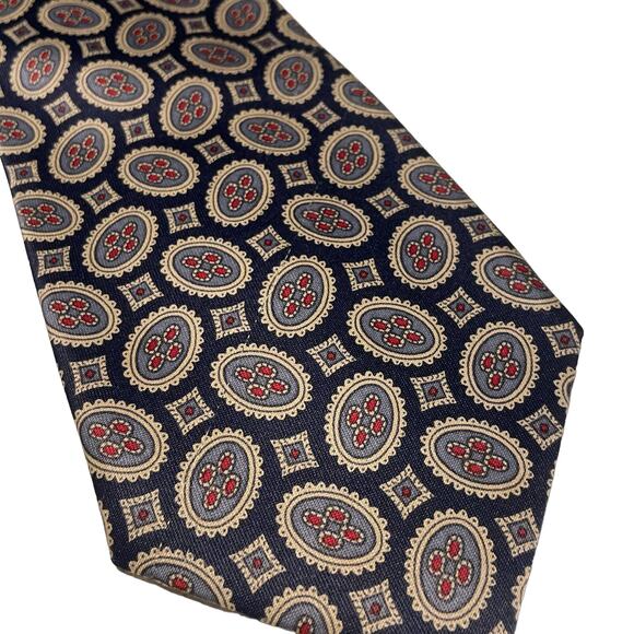 Mercedes Other - Vintage Merceds Hand Made 100% Silk Tie Navy Cream and Red Geometric Design EUC
